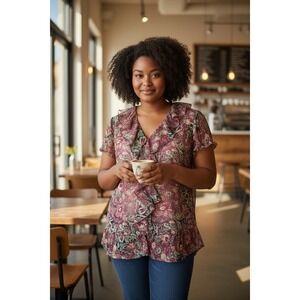 Chaps Womens 2X Paisley Ruffle V Neck Short Sleeve Tunic Top Burgundy